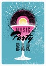 Music Cocktail Bar Party typographical vintage grunge style poster design with martini glass silhouette and vinyl disc. Retro vect Royalty Free Stock Photo